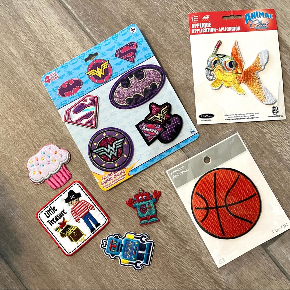 Bundle of iron on patches. Superwoman, wonder woman, pirate, robot, basketball